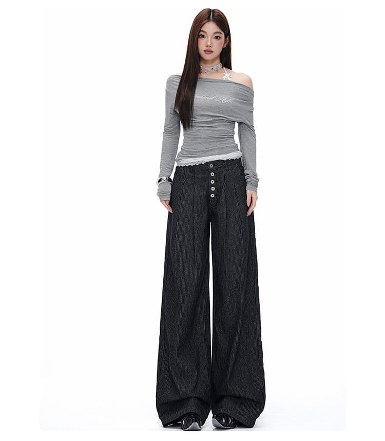 다섯 번째 회사 버클 더블 주름 한 마디 슬랙스 여성 아메리칸 스트라이프 고급 센스 캐주얼 넓은 다리 길이 바지 상세 이미지 9