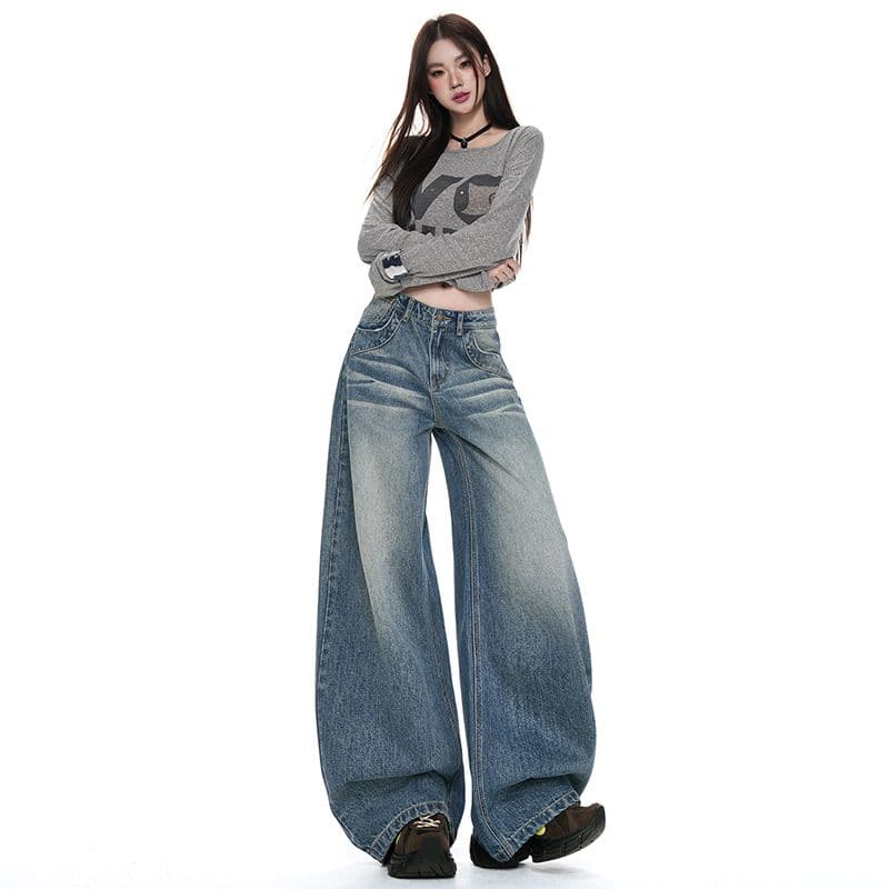 귀신 调性 무거운 디자인 센스 불규칙 주머니 자수 3 차원 못 넓은 다리 데님 긴 바지 여성