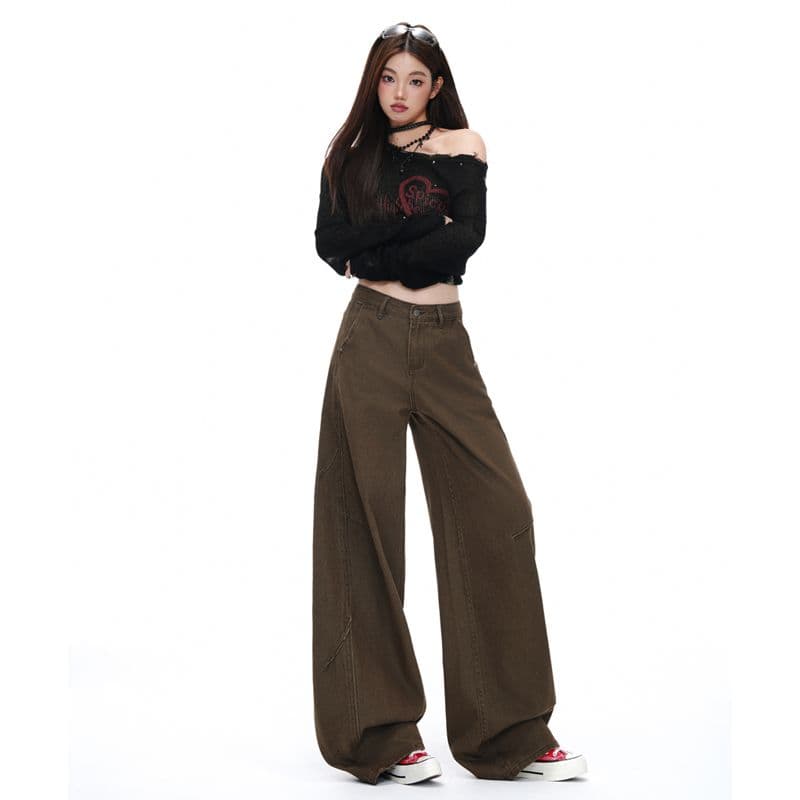 새로운 커피 브라운 아메리칸 레트로 워싱 마 오래된 청바지 남녀 루즈핏 스트레이트 와이드 레그 팬츠 이미지 5
