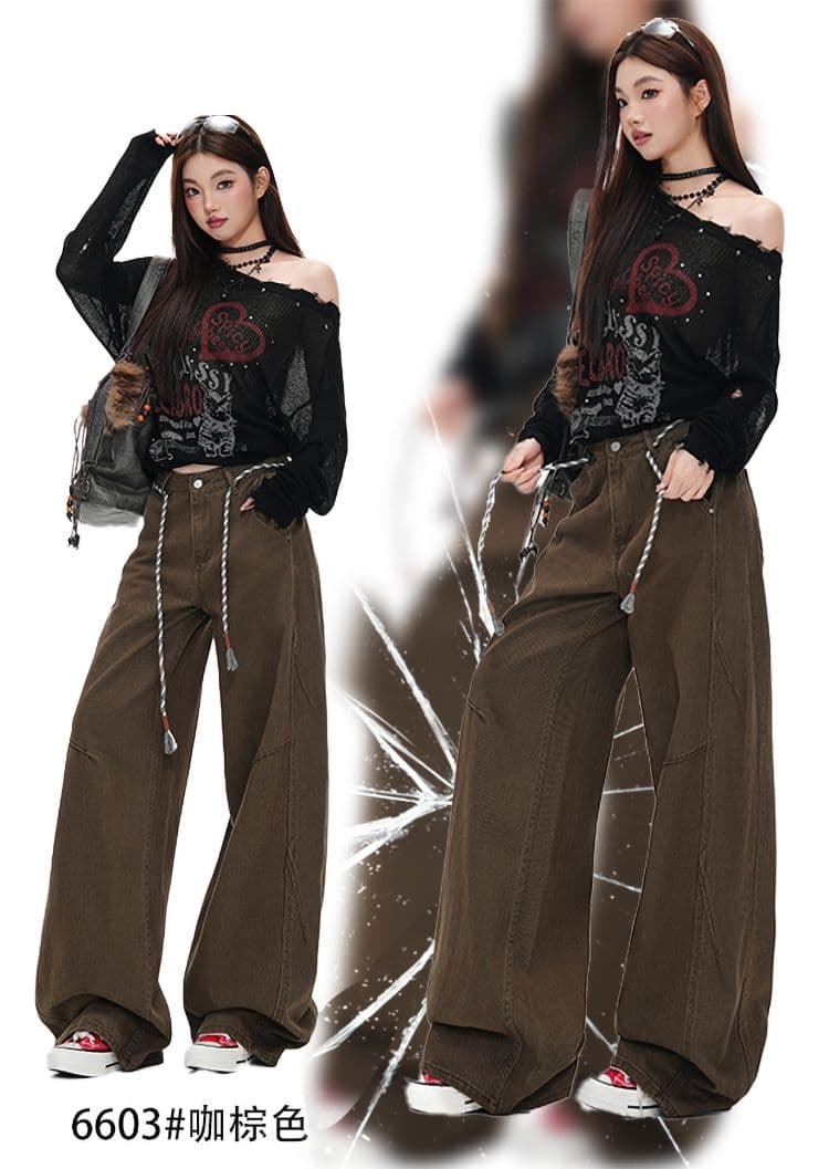 새로운 커피 브라운 아메리칸 레트로 워싱 마 오래된 청바지 남녀 루즈핏 스트레이트 와이드 레그 팬츠 상세 이미지 1
