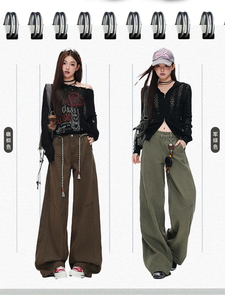 새로운 커피 브라운 아메리칸 레트로 워싱 마 오래된 청바지 남녀 루즈핏 스트레이트 와이드 레그 팬츠 상세 이미지 2