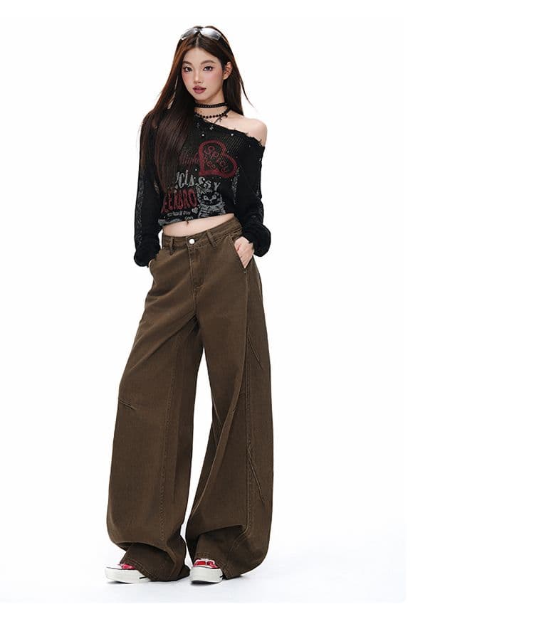 새로운 커피 브라운 아메리칸 레트로 워싱 마 오래된 청바지 남녀 루즈핏 스트레이트 와이드 레그 팬츠 상세 이미지 6