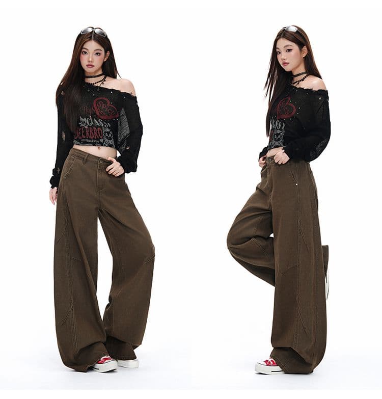 새로운 커피 브라운 아메리칸 레트로 워싱 마 오래된 청바지 남녀 루즈핏 스트레이트 와이드 레그 팬츠 상세 이미지 8