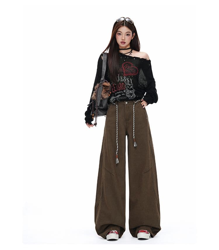 새로운 커피 브라운 아메리칸 레트로 워싱 마 오래된 청바지 남녀 루즈핏 스트레이트 와이드 레그 팬츠 상세 이미지 9