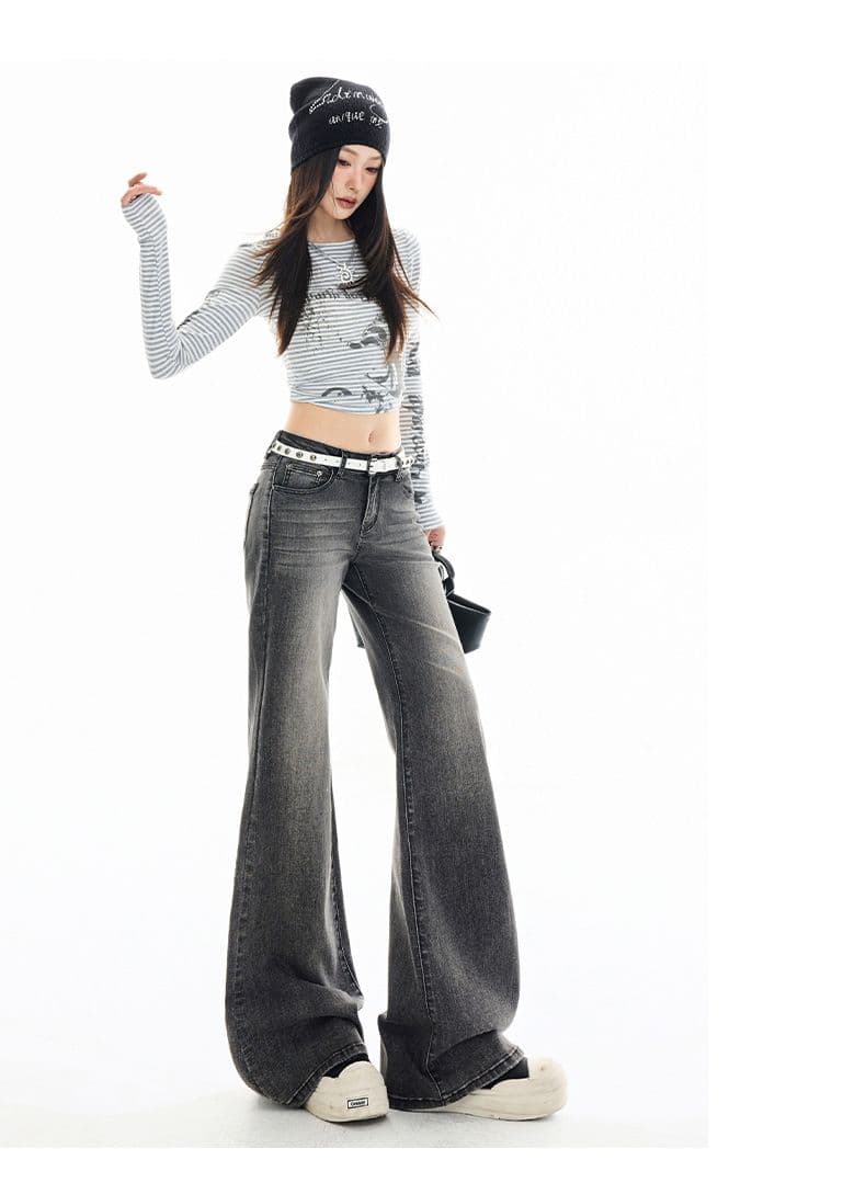 검은 고양이 데님 아메리칸 레트로 블랙 회색 고양이 반드시 마 오래된 청바지 여성 부츠컷 넓은 다리 바닥 청소 바지 상세 이미지 10