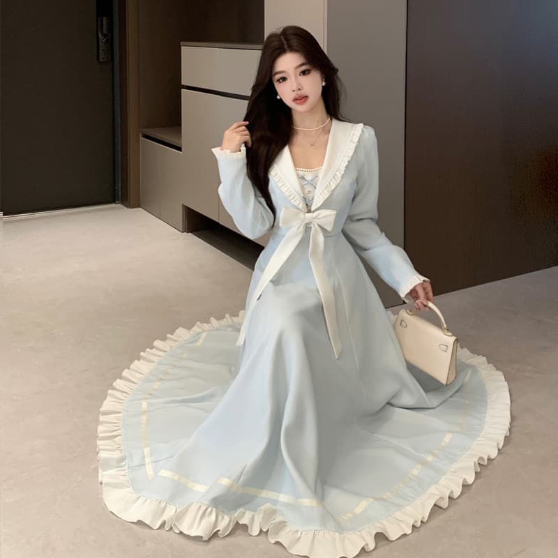 실사 가을 새로운 품격 학원 소녀 활력 페이크 레이어드 나비 매듭 수은 손 편지 빅 사이즈 드레스 이미지 2