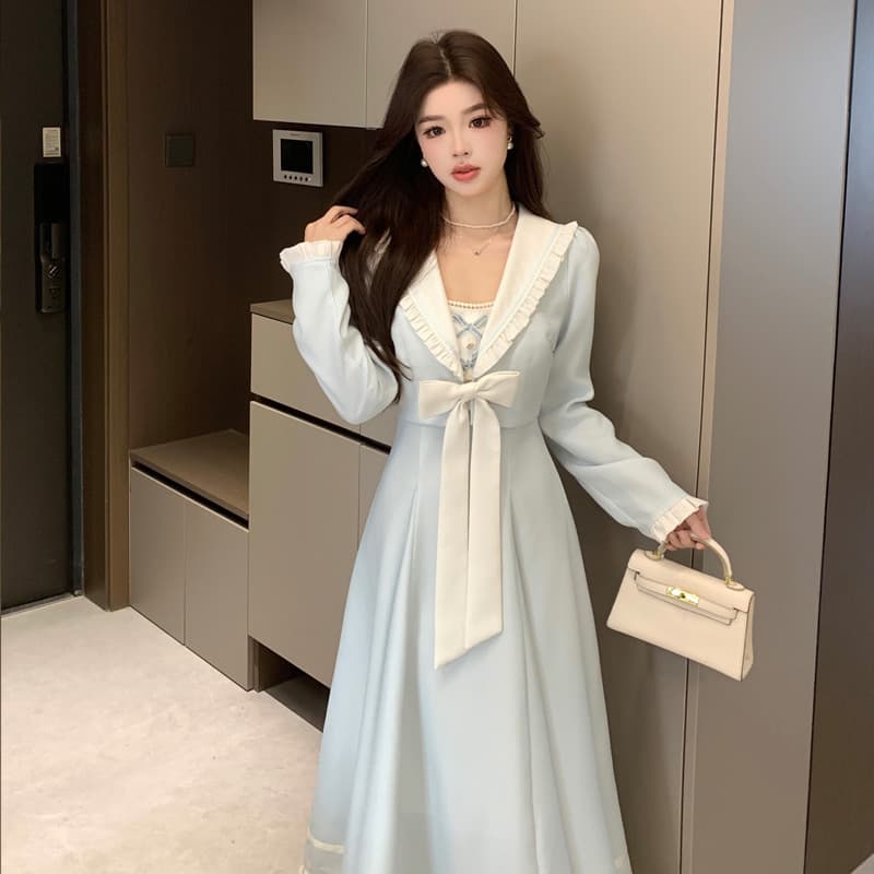 실사 가을 새로운 품격 학원 소녀 활력 페이크 레이어드 나비 매듭 수은 손 편지 빅 사이즈 드레스 이미지 6