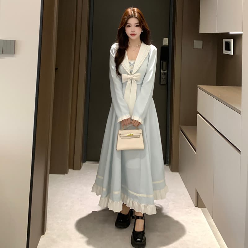 실사 가을 새로운 품격 학원 소녀 활력 페이크 레이어드 나비 매듭 수은 손 편지 빅 사이즈 드레스 상세 이미지 5