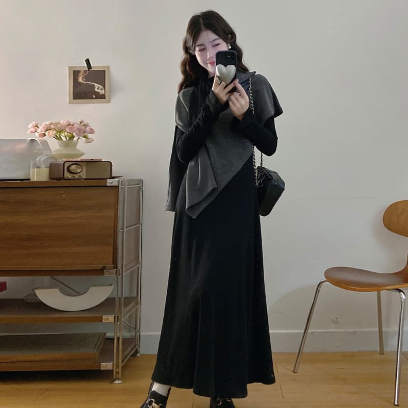 실사 가을 새로운 한 부서 불규칙 숄 망토 맨위 검정색 니트 드레스 빅 사이즈 세트 여성 상세 이미지 6