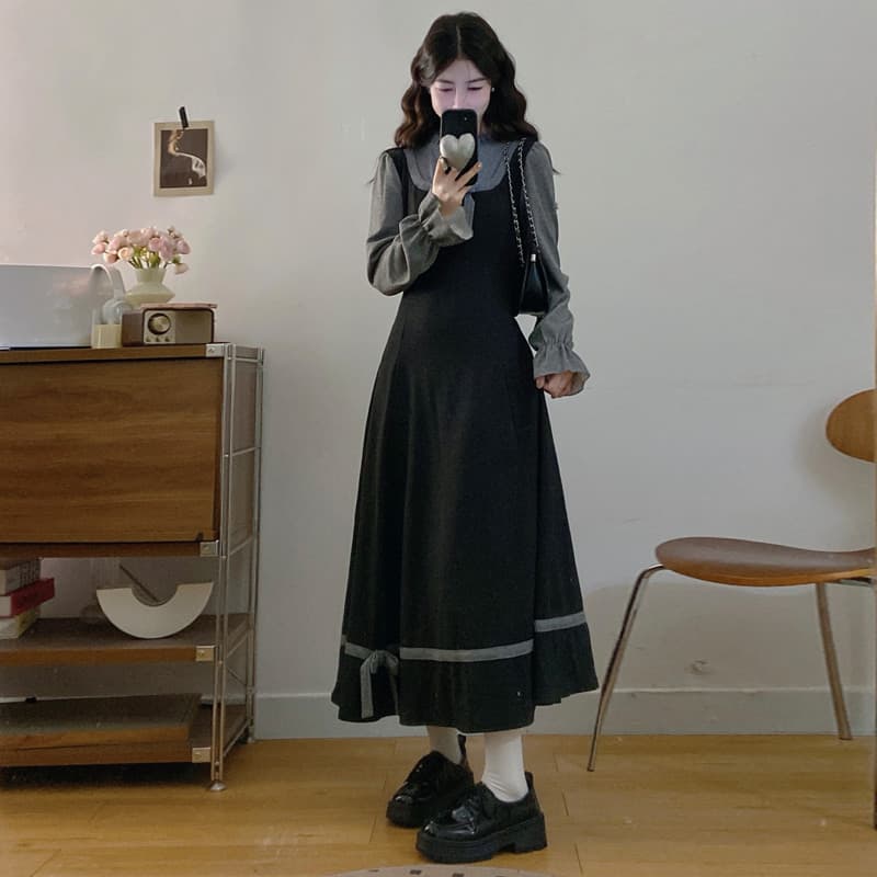 실사 가을 새로운 프랑스식 나비 매듭 페이크 레이어드 니트 드레스 허리 수축 슬림해 보이는 품격 기본 스커트 상세 이미지 7