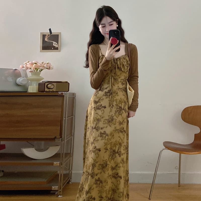 실사 가을 새로운 프랑스식 레트로 수묵화 프린트 슬림해 보이는 슬립 드레스 품격 숙녀 슬림해 보이는 롱 스커트 상세 이미지 8