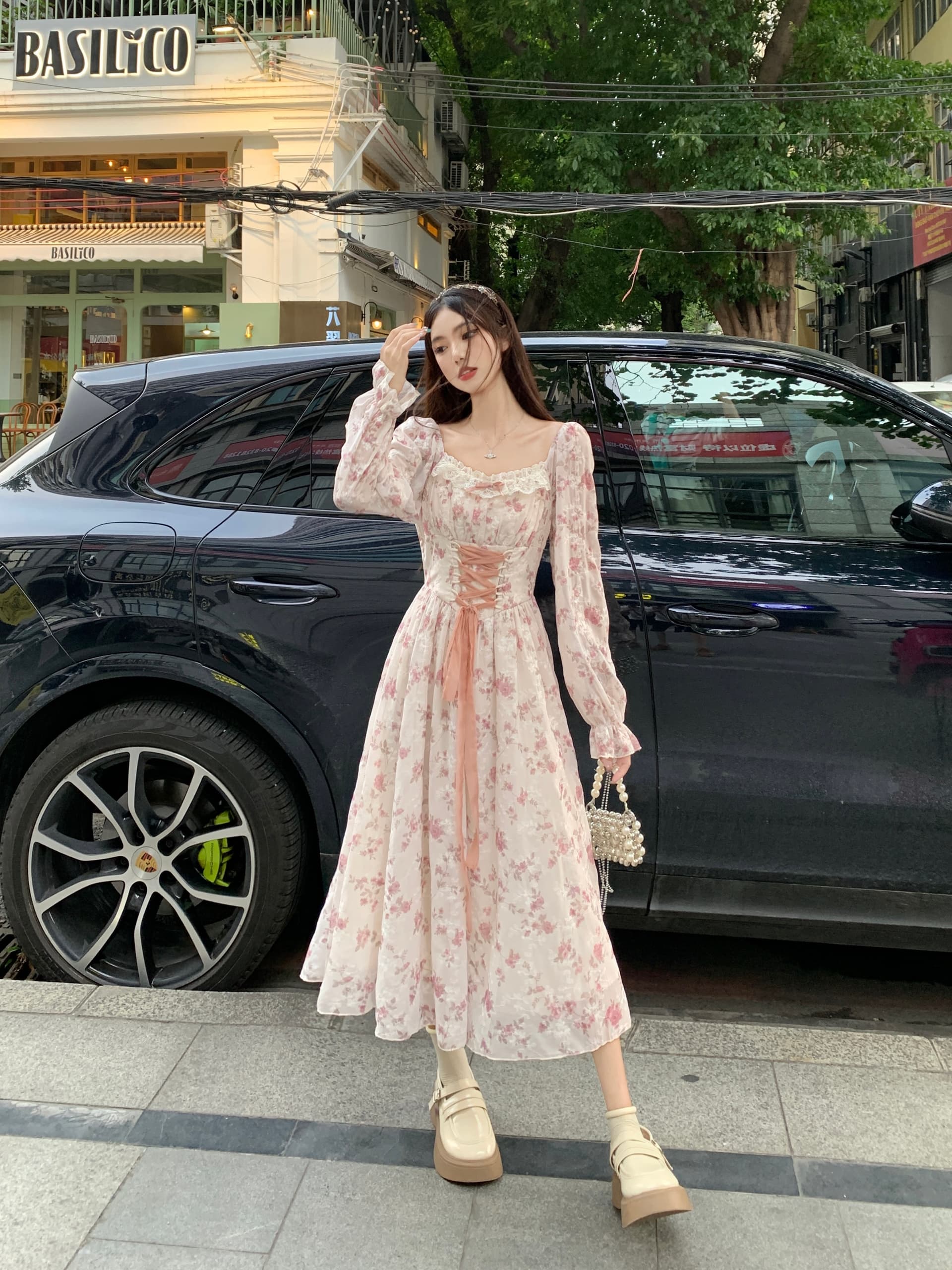 실사 이른 가을 새로운 프랑스식 레트로 달콤함 꽃무늬 하이웨이스트 슬림해 보이는 쉬폰 자수 빅 사이즈 드레스 상세 이미지 5