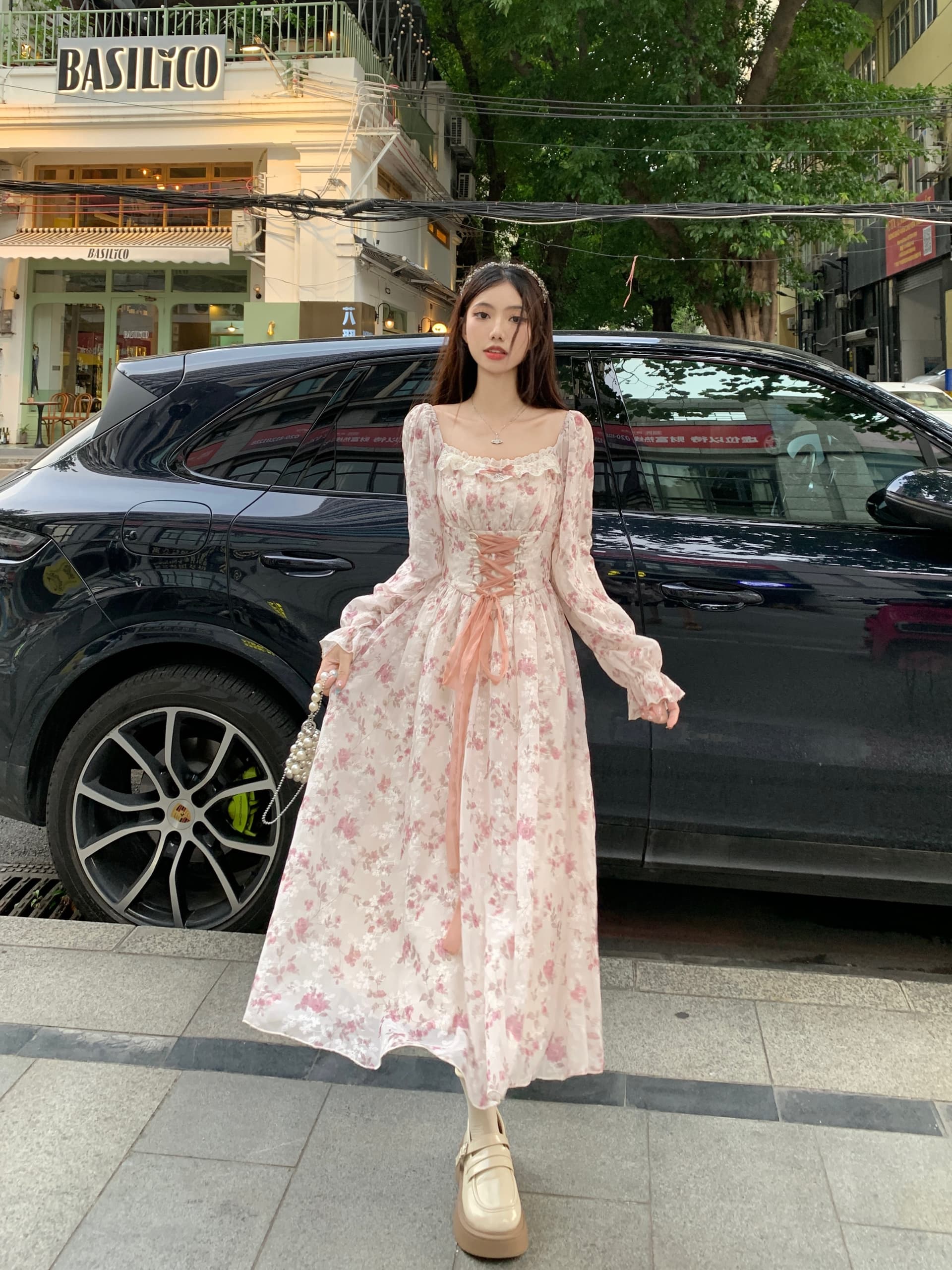 실사 이른 가을 새로운 프랑스식 레트로 달콤함 꽃무늬 하이웨이스트 슬림해 보이는 쉬폰 자수 빅 사이즈 드레스 상세 이미지 7