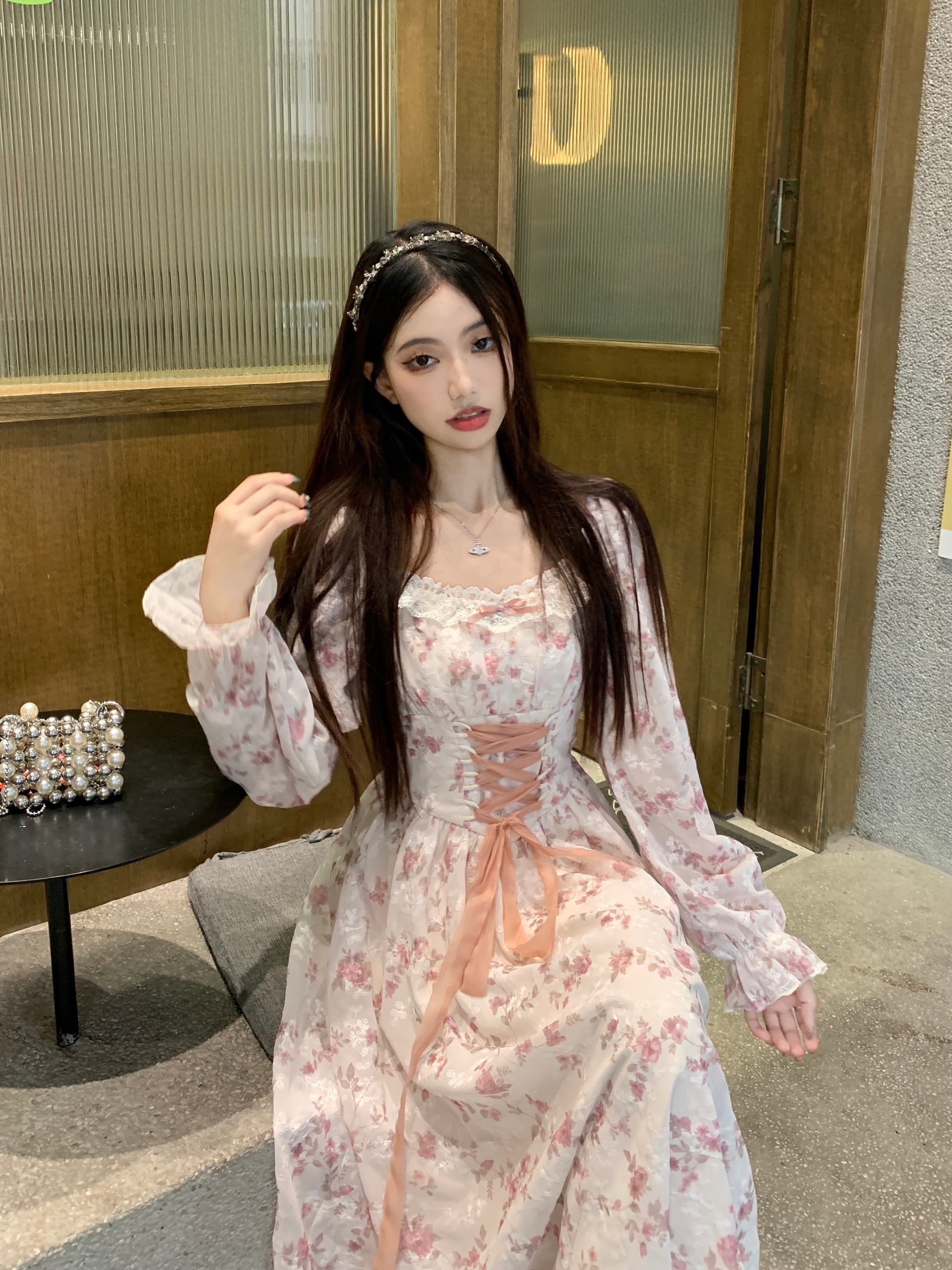 실사 이른 가을 새로운 프랑스식 레트로 달콤함 꽃무늬 하이웨이스트 슬림해 보이는 쉬폰 자수 빅 사이즈 드레스 상세 이미지 11