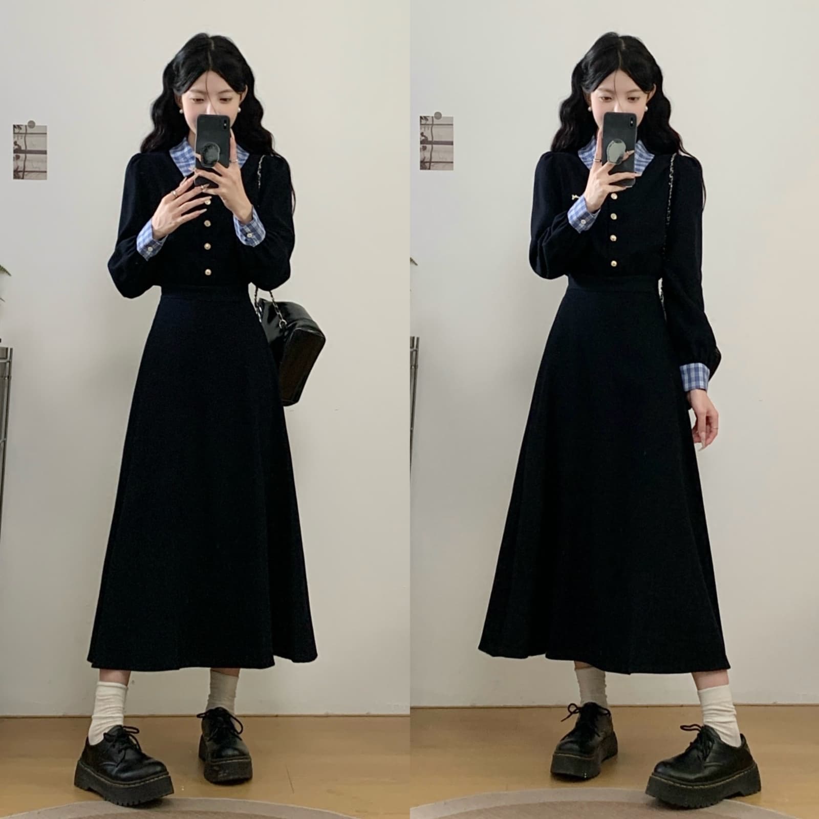 실사 가을 겨울 새로운 패치워크 해군 드레스 체크무늬 배색 패션 품격 허리 수축 슬림해 보이는 면접 치마 상세 이미지 2