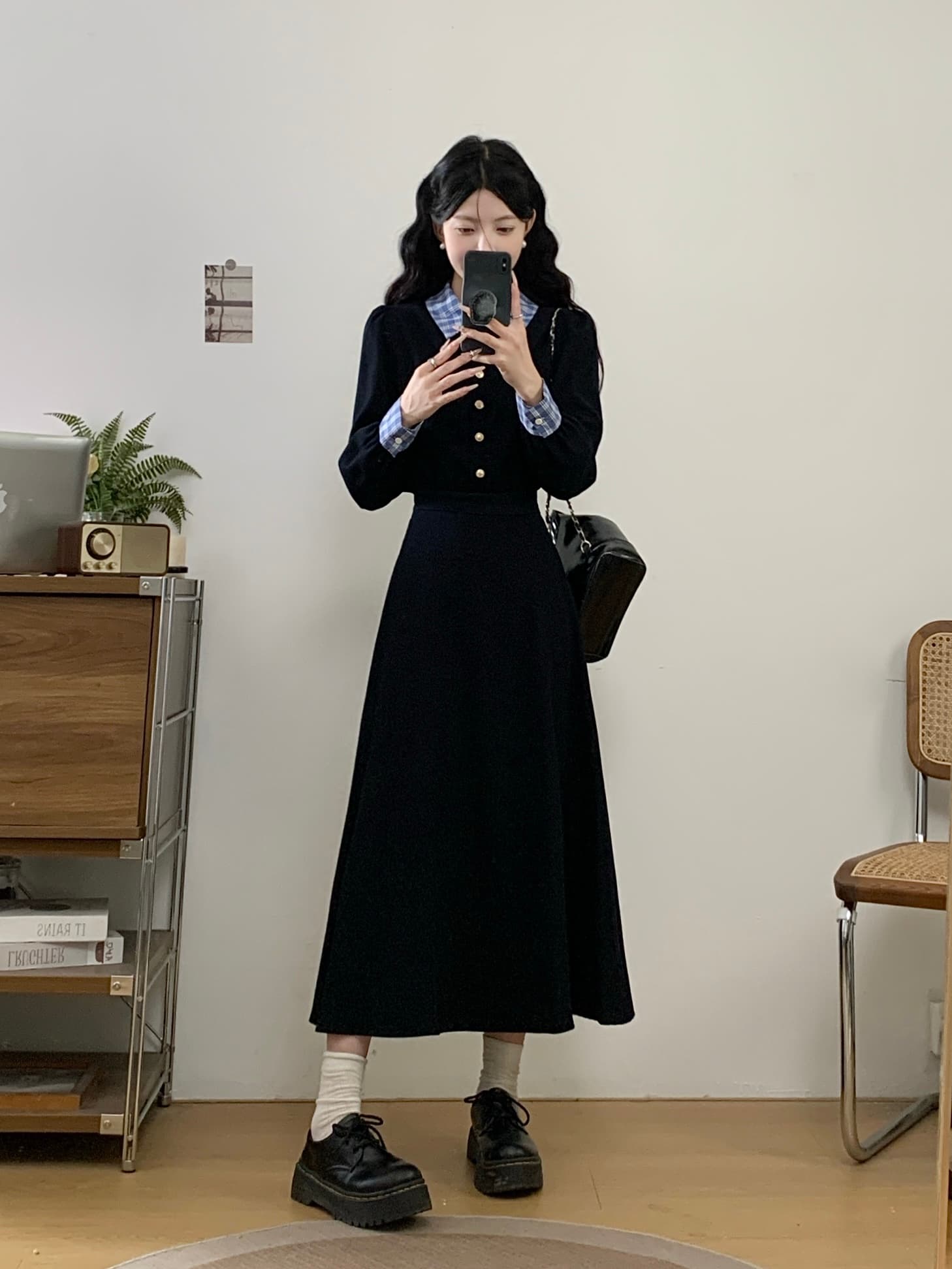 실사 가을 겨울 새로운 패치워크 해군 드레스 체크무늬 배색 패션 품격 허리 수축 슬림해 보이는 면접 치마 상세 이미지 3