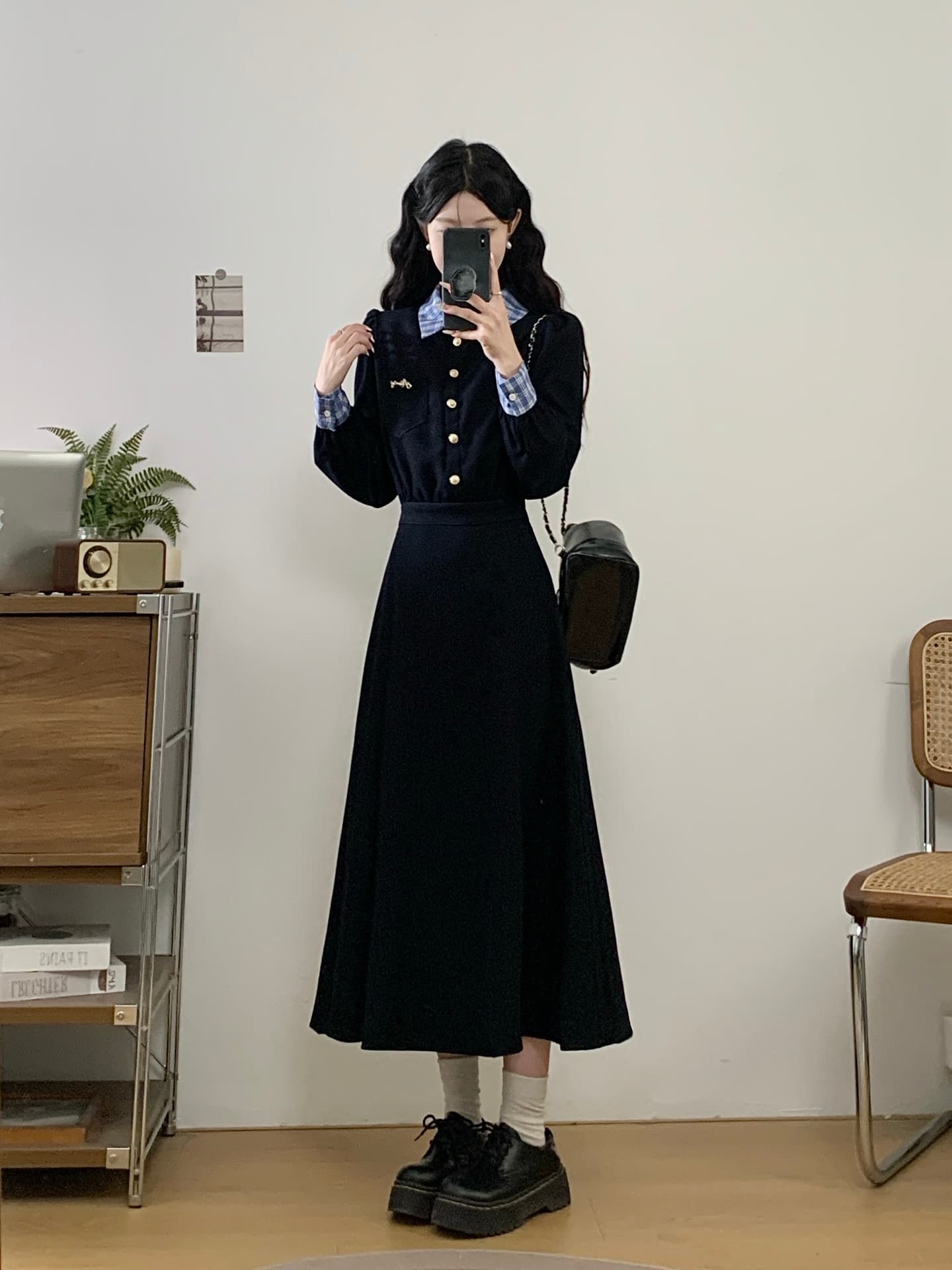 실사 가을 겨울 새로운 패치워크 해군 드레스 체크무늬 배색 패션 품격 허리 수축 슬림해 보이는 면접 치마 상세 이미지 4