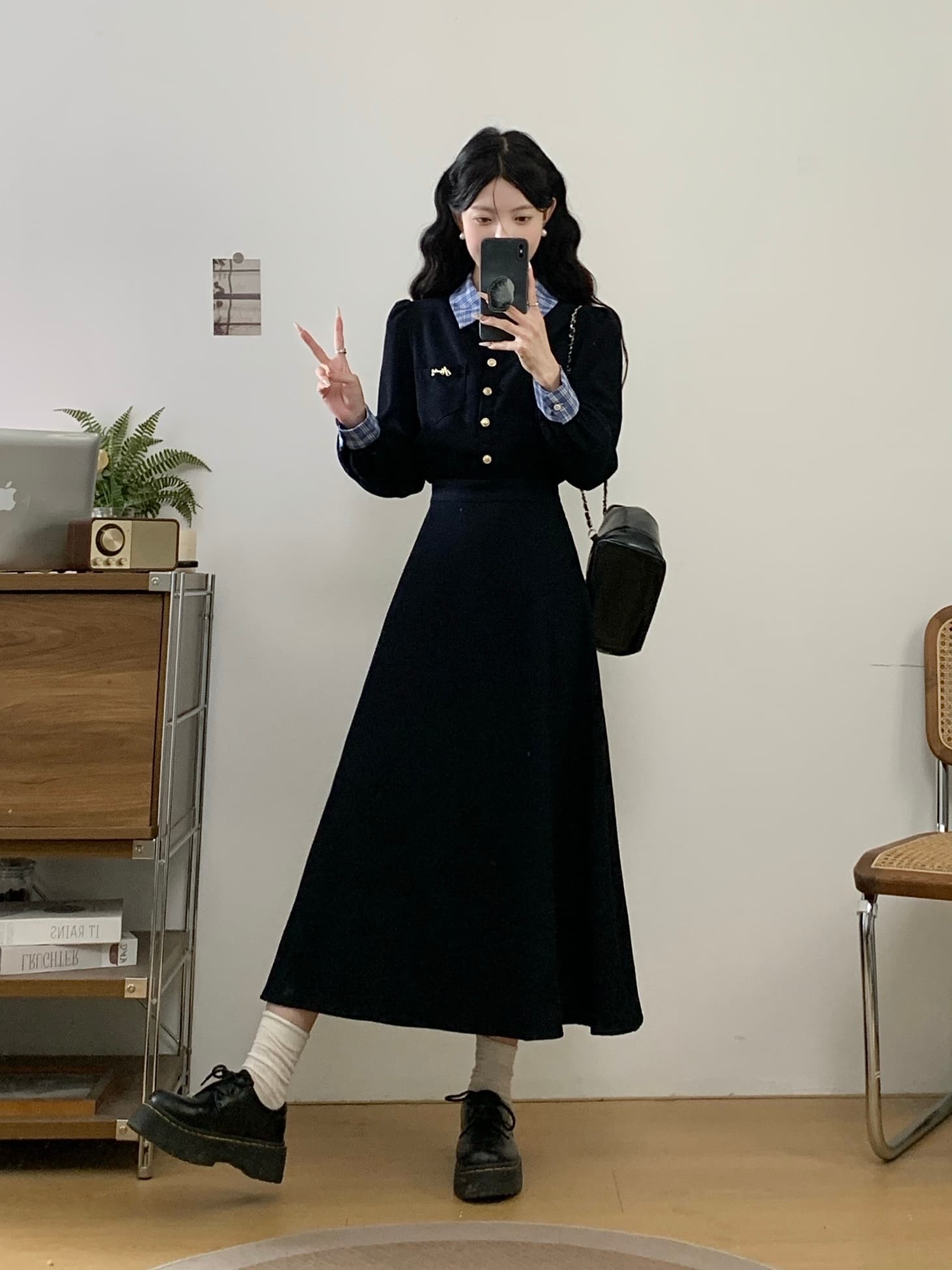 실사 가을 겨울 새로운 패치워크 해군 드레스 체크무늬 배색 패션 품격 허리 수축 슬림해 보이는 면접 치마 상세 이미지 7