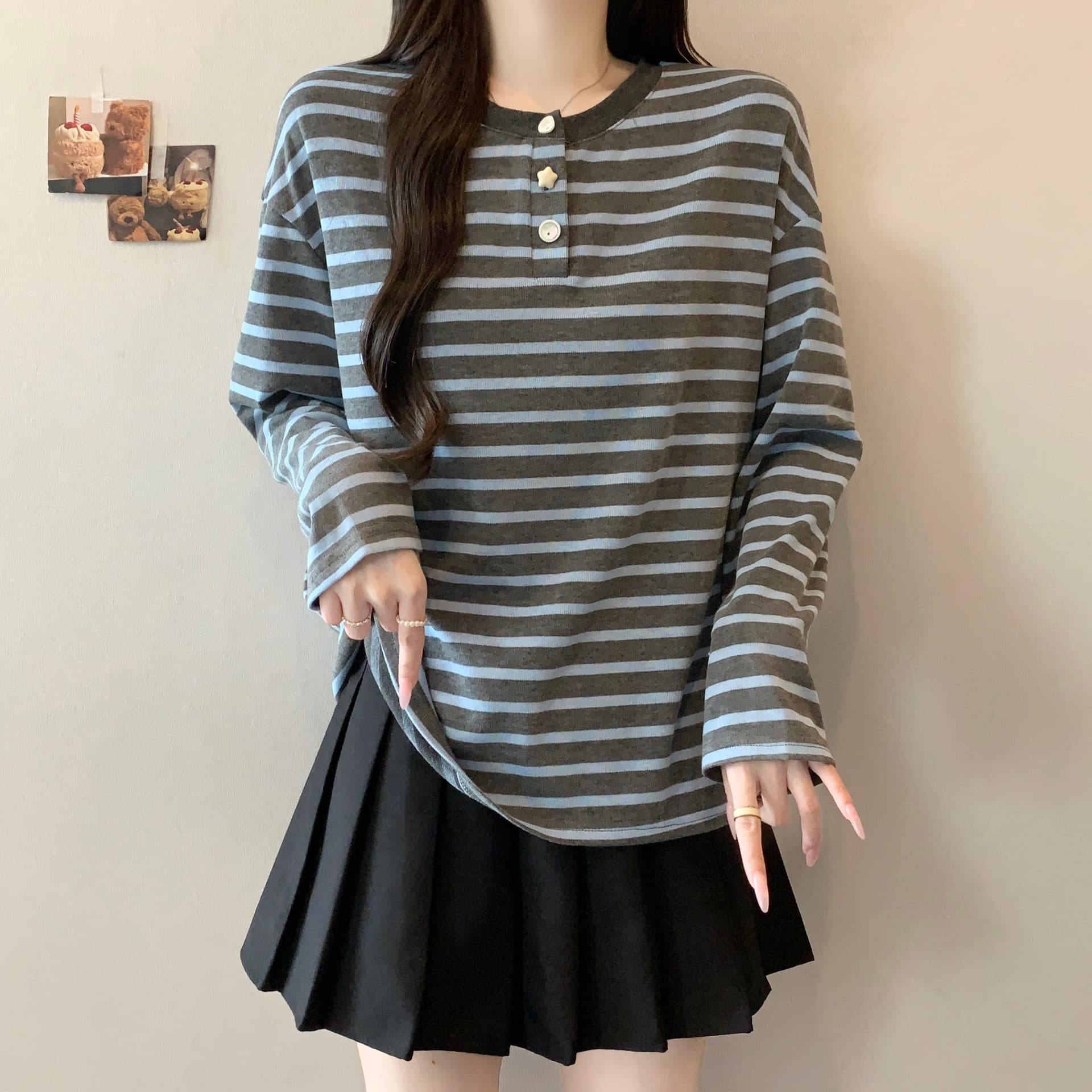 실사 가을 새로운 아메리칸 스트라이프 긴팔 티셔츠 여성 루즈핏 배색 인사이드 가져 가라. 만나는 티셔츠 외출용 맨위 상세 이미지 4