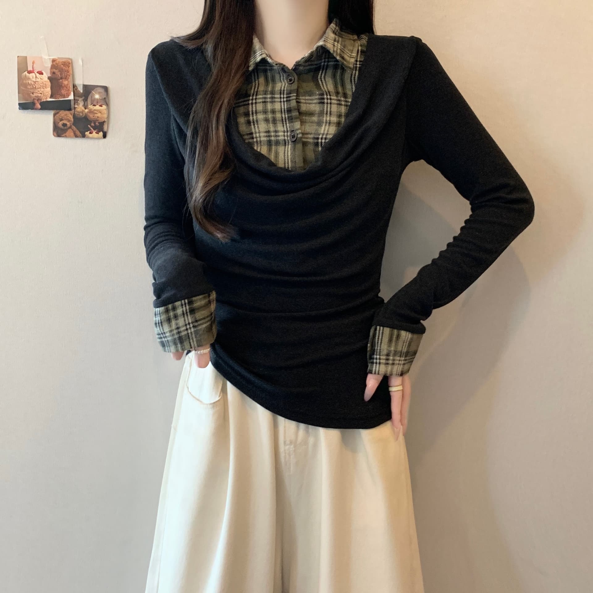 실사 아메리칸 레트로 체크무늬 패치워크 페이크 레이어드 긴팔 티셔츠 여성 가을 새로운 디자인 센스 몸매 가꾸기 슬림해 보이는 맨위 이미지 6