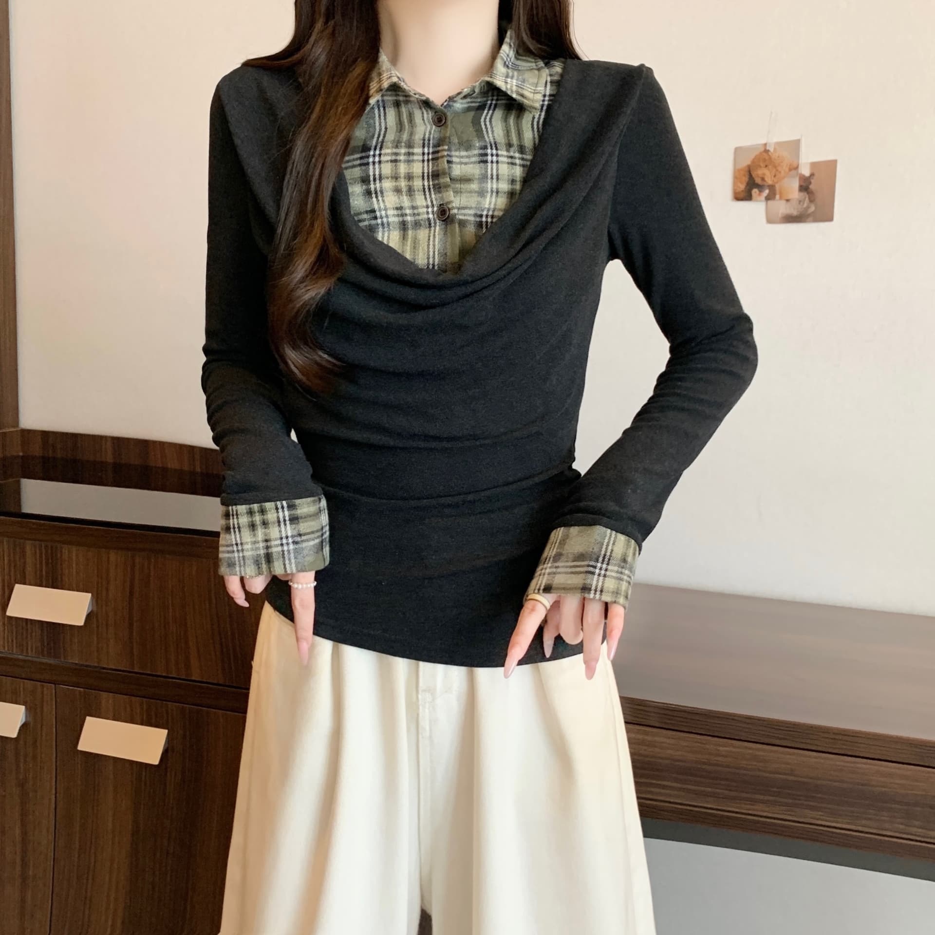 실사 아메리칸 레트로 체크무늬 패치워크 페이크 레이어드 긴팔 티셔츠 여성 가을 새로운 디자인 센스 몸매 가꾸기 슬림해 보이는 맨위 상세 이미지 6
