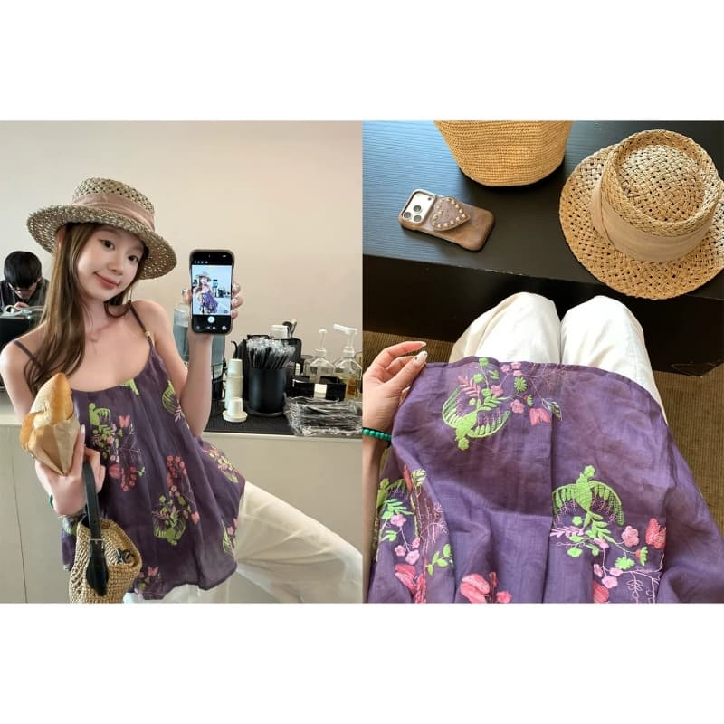 경관 그림 안개 염색 꽃 와일드 자수 민소매 슬립 맨위 비즈 핀치 Pleat 한 마디 루즈핏 한 부서 작은 셔츠 여름 26 상세 이미지 1