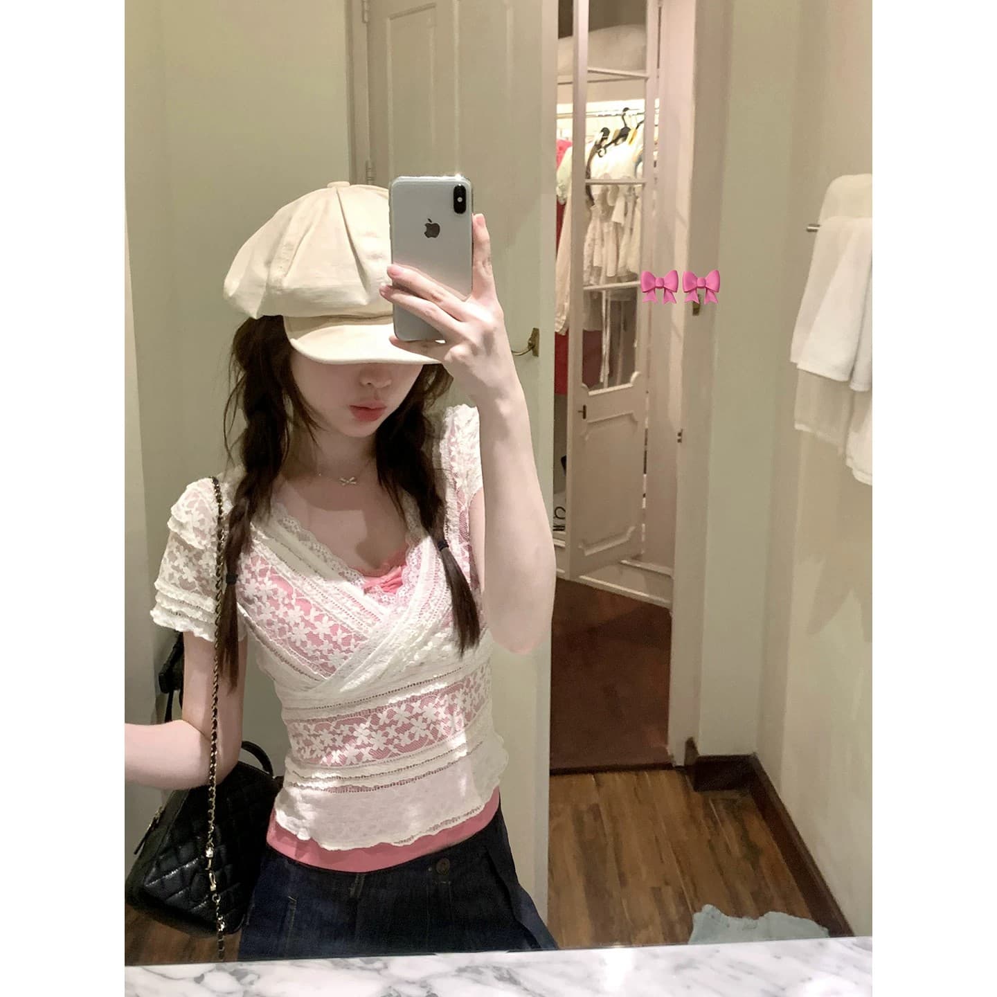 경관 그림 소녀 레이스 V넥 십자가 반팔 t+ 로즈 레드 캐미솔 투피스 세트 이미지 2