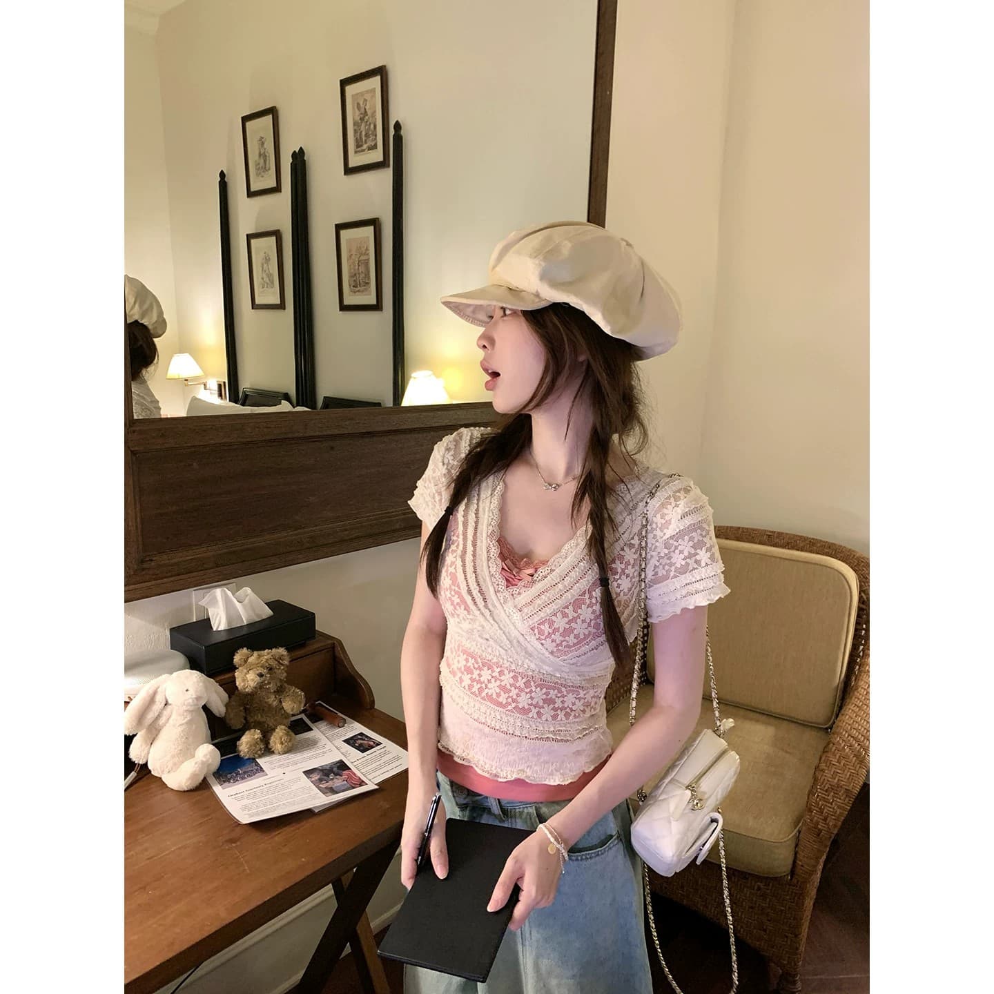 경관 그림 소녀 레이스 V넥 십자가 반팔 t+ 로즈 레드 캐미솔 투피스 세트 상세 이미지 4