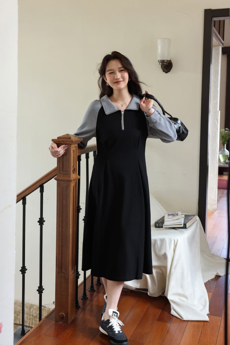 실사 빅 사이즈 여성 의류 2026 새로운 패치워크 페이크 레이어드 허리 수축 슬림해 보이는 후드티 드레스 상세 이미지 11