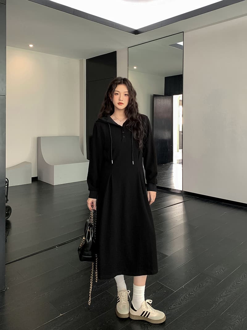 실사 슬림해 보이는 다용도 검정색 치마 가을 겨울 지방 mm 자이언트 슬림해 보이는 후드 캐주얼 후드티 드레스 상세 이미지 2