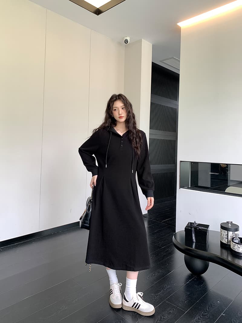 실사 슬림해 보이는 다용도 검정색 치마 가을 겨울 지방 mm 자이언트 슬림해 보이는 후드 캐주얼 후드티 드레스 상세 이미지 7