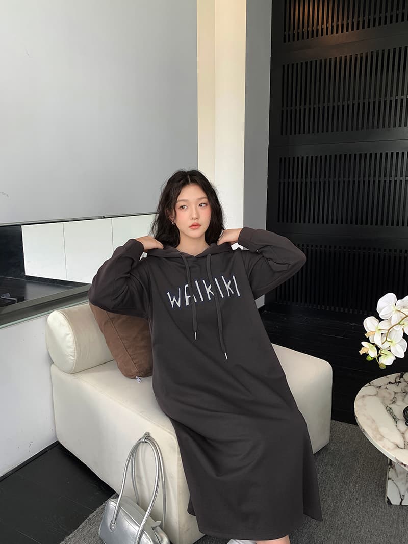 실사 2026 봄과 가을 알파벳 프린트 후드 후드티 드레스 루즈핏 슬림해 보이는 무릎 아래 롱 스커트 상세 이미지 18