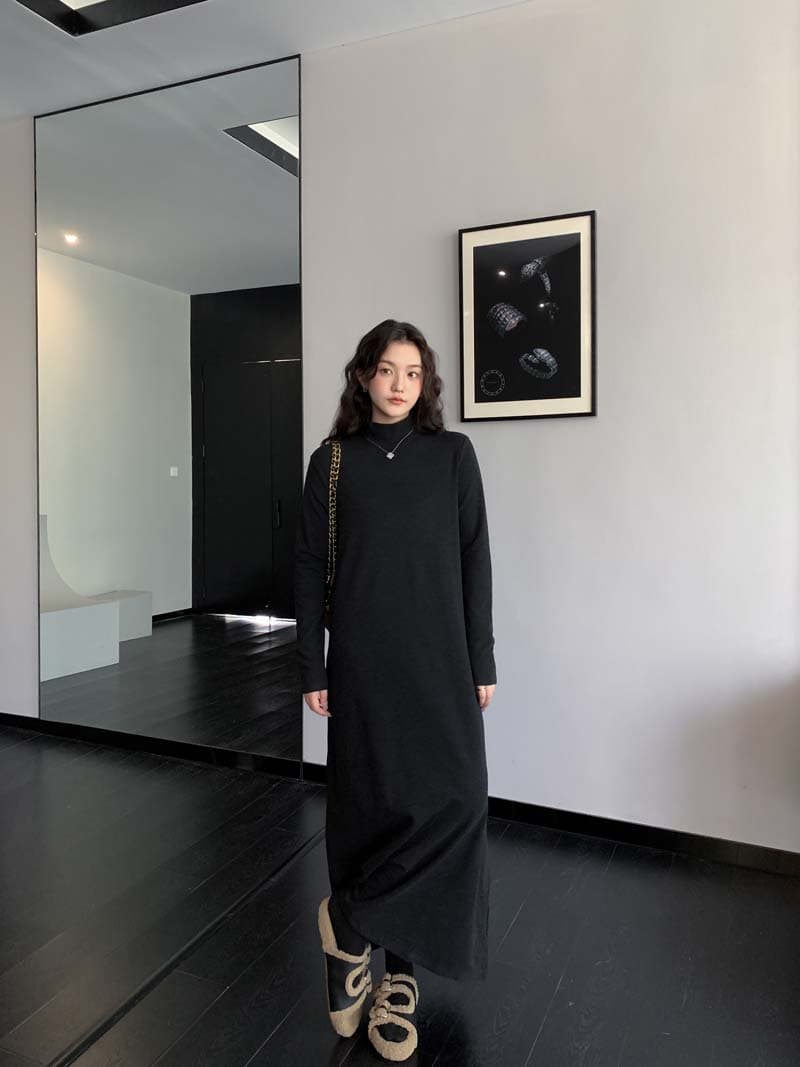 실사 새로운 2026 단색 터틀넥 스트레이트 긴팔 드레스 복장 가을 겨울 한 부서 루즈핏 인사이드 가져 가라. A라인 스커트 상세 이미지 27