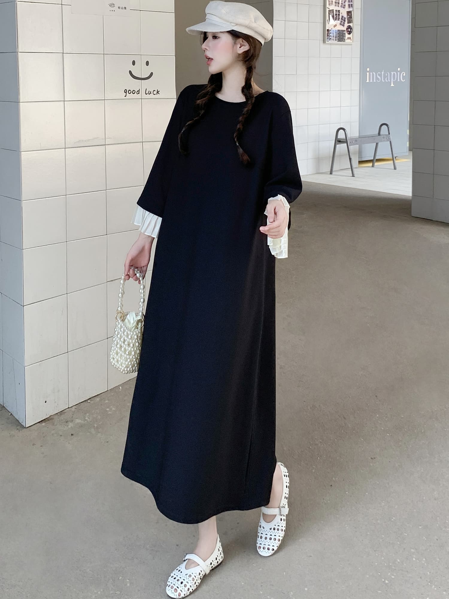 실사 새로운 2026 가을 고급 유럽 상품 그는 벤 바람 루즈핏 슬림해 보이는 패치워크 다용도 드레스