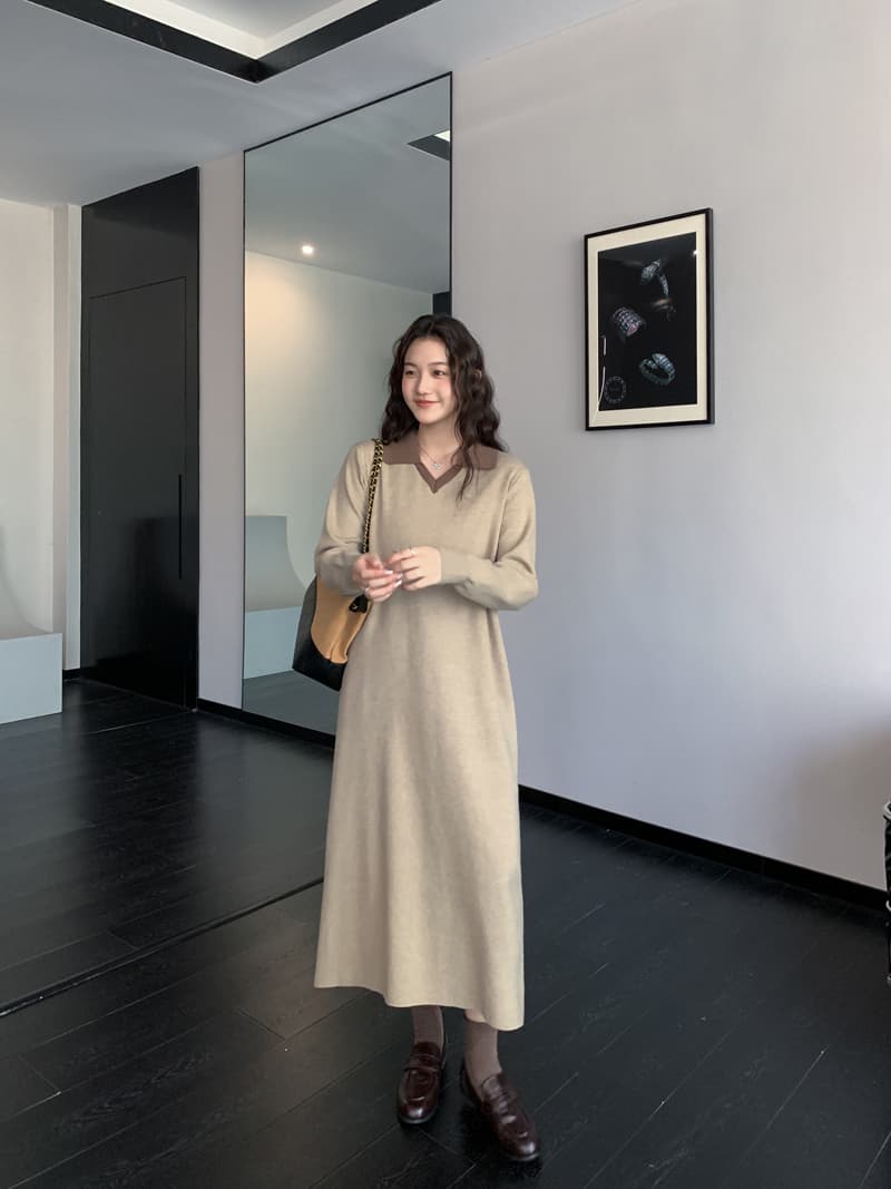 실사 새로운 2026 얕은 커피 색상 느긋한 폴로 칼라 스웨터 원피스 인사이드 가져 가라. 수 있습니다. 외출용 니트 원피스 상세 이미지 5