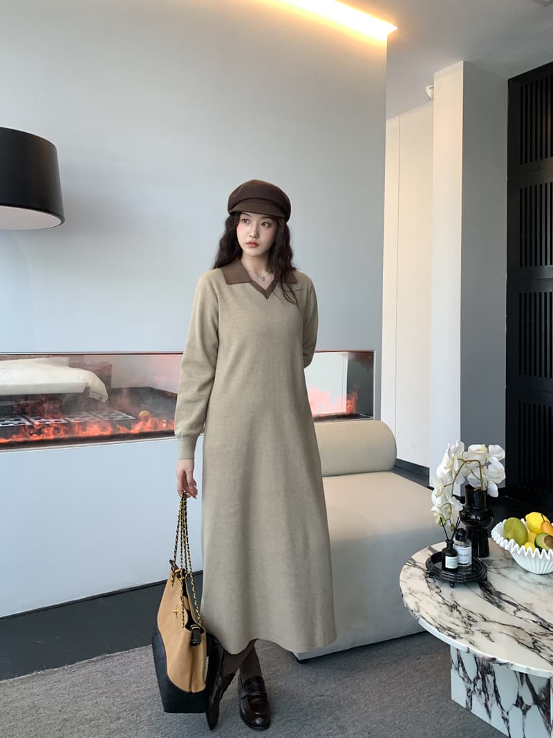 실사 새로운 2026 얕은 커피 색상 느긋한 폴로 칼라 스웨터 원피스 인사이드 가져 가라. 수 있습니다. 외출용 니트 원피스 상세 이미지 12