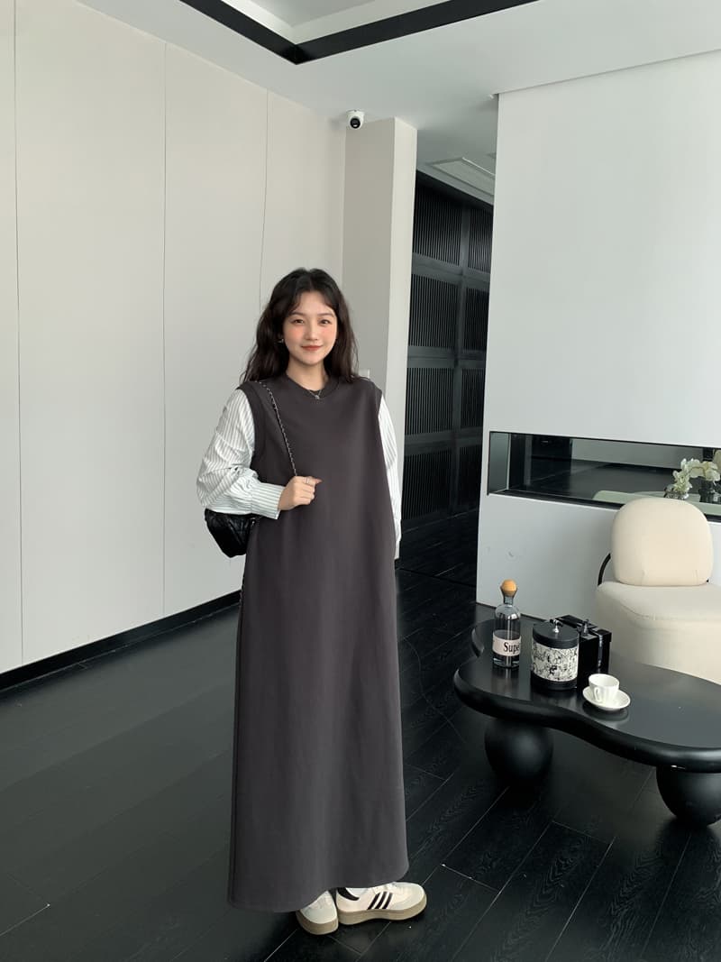 실사 새로운 2026 회색 스트라이프 페이크 레이어드 여성 드레스 루즈핏 긴팔 디자인 센스 작은 대중 치마 상세 이미지 15