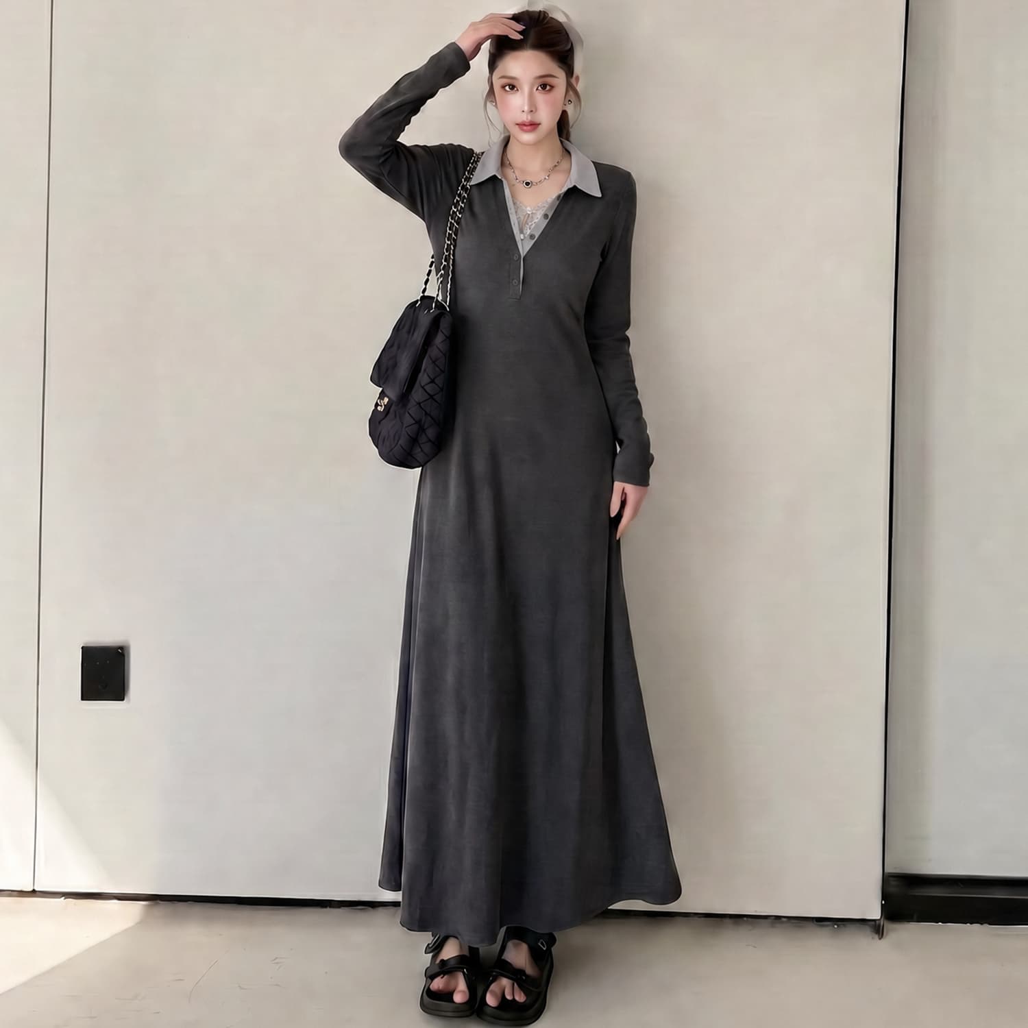 실사 새로운 2026 연삭 플리스 센스 니트 드레스 봄 가을 셔츠 칼라 페이크 레이어드 빅 사이즈 롱 스커트