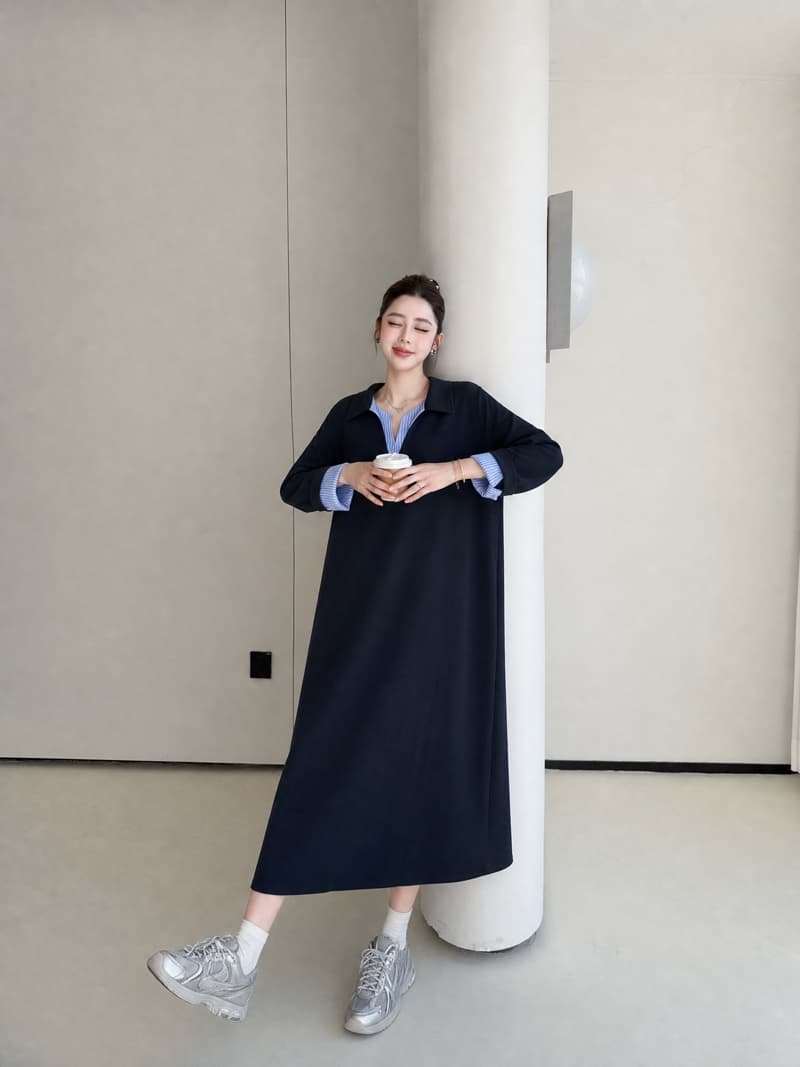 실사 새로운 2026 봄과 가을 루즈핏 슬림해 보이는 드레스 패션 다용도 V넥 패치워크 스트라이프 롱 스커트 상세 이미지 8