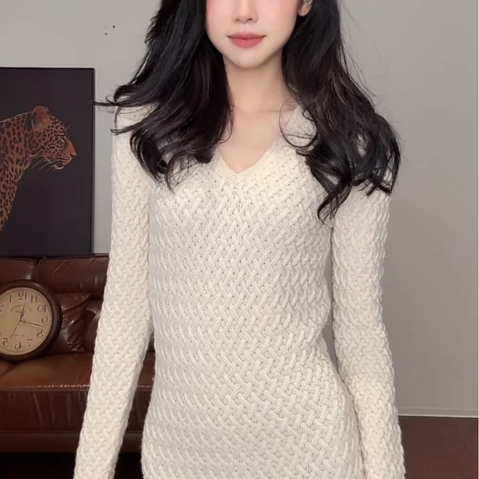 zouyashifa 스웨터 원피스 V넥 긴팔 품격 몸매 가꾸기 트임 롱 스커트 ysa89315 이미지 5