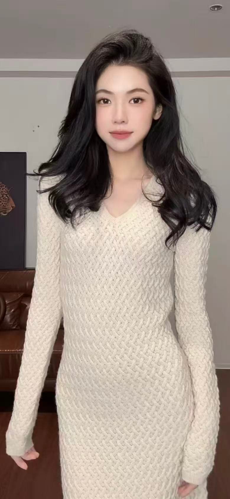 zouyashifa 스웨터 원피스 V넥 긴팔 품격 몸매 가꾸기 트임 롱 스커트 ysa89315 상세 이미지 3