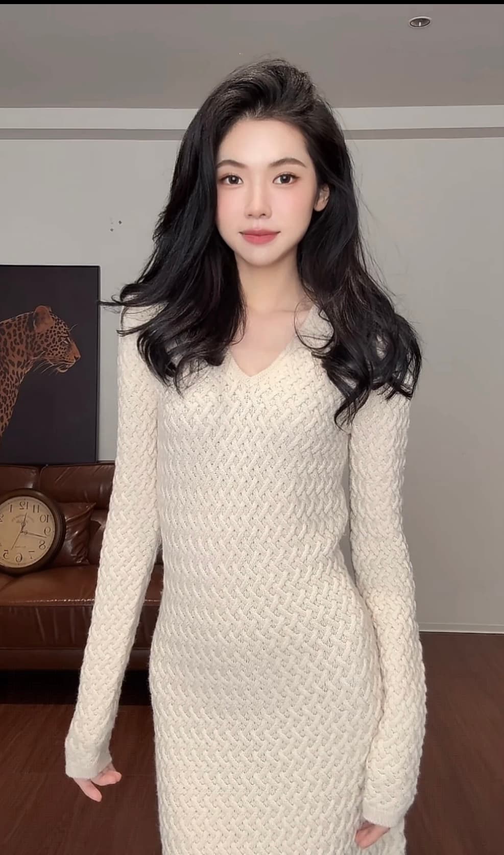 zouyashifa 스웨터 원피스 V넥 긴팔 품격 몸매 가꾸기 트임 롱 스커트 ysa89315 상세 이미지 5