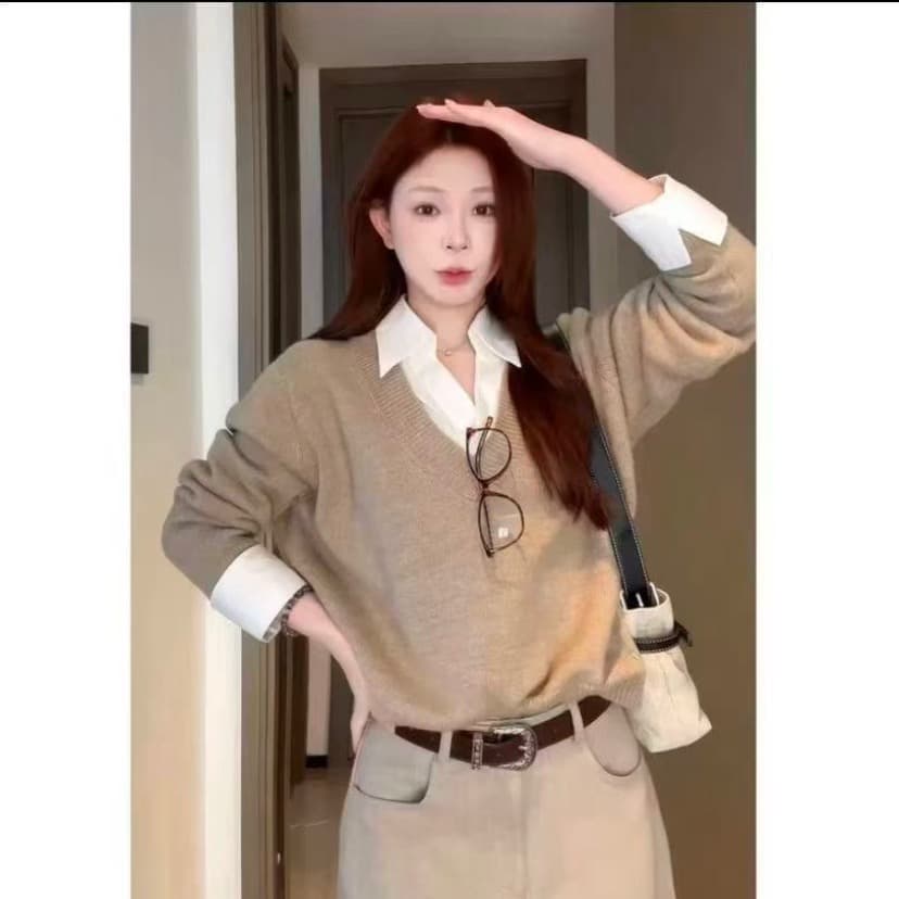 ruijin 천재 여자 친구 높음 지혜 센스 폴로 칼라 페이크 레이어드 polo 스웨터 여자 패치워크 긴팔 니트 스웨터 이미지 2