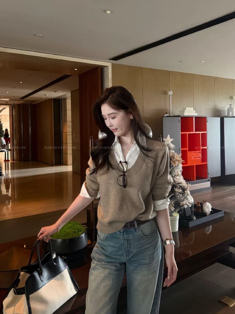 ruijin 천재 여자 친구 높음 지혜 센스 폴로 칼라 페이크 레이어드 polo 스웨터 여자 패치워크 긴팔 니트 스웨터 상세 이미지 1