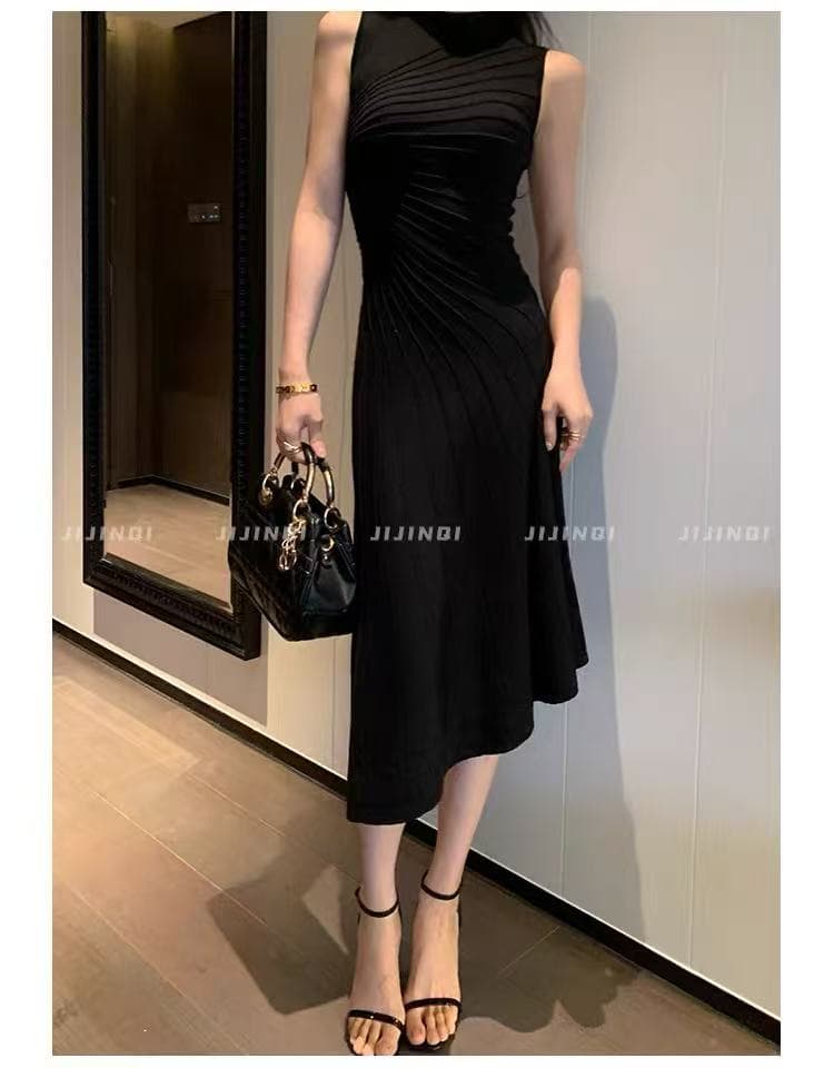 jijinqi 여름 프랑스식 민소매 오프숄더 드레스 허리 수축 슬림해 보이는 품격 디자인 센스 검정색 캐주얼 롱 스커트