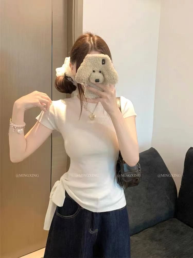 불규칙 스트랩 니트 반팔 티셔츠 여성 여름 순수한 욕망 핫걸 맨위 디자인 센스 작은 대중 자이언트 잘 생긴 아름다운 이미지 3