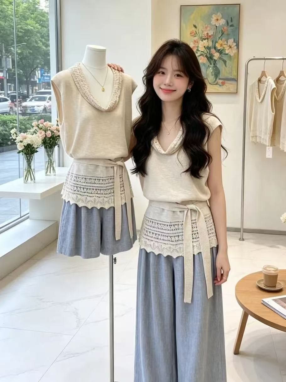디자인 말뚝 더미 칼라 홀로우 아웃 민소매 니트 베스트 조끼 여성 여름 새로운 한 부서 Chic 홀로우 아웃 허리 수축 맨위 상세 이미지 3