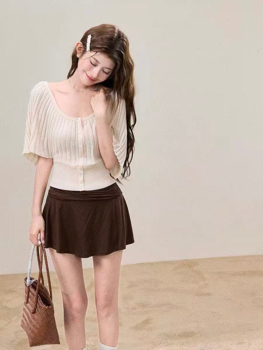 어리석은 ~보다 달콤한 sweety 장기 Pleat 라운드 넥 니트 반팔 티셔츠 여성 2026 여름 새로운 몸매 가꾸기 슬림해 보이는 맨위 이미지 3