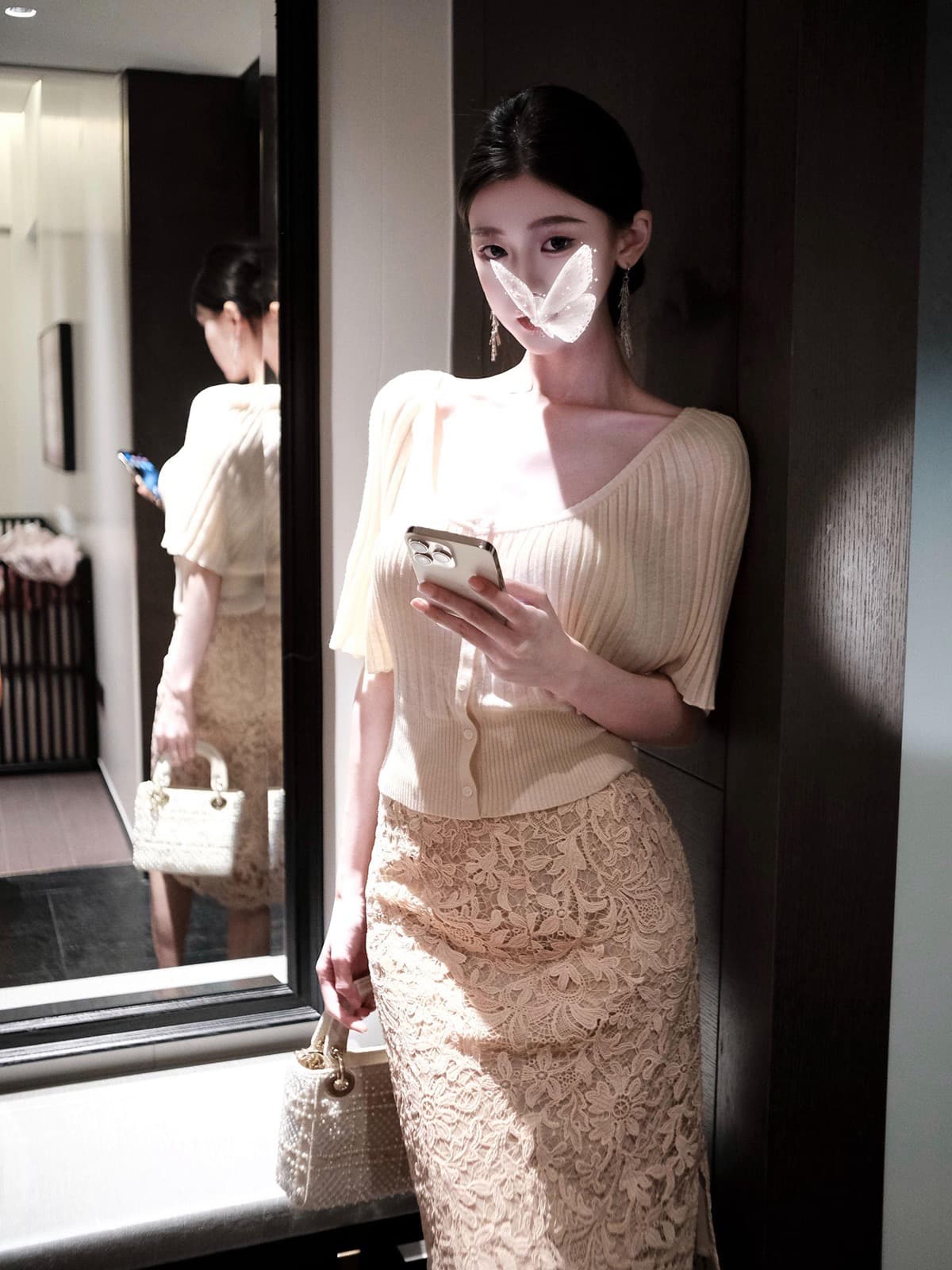 봄날 사역 살구 따뜻한 여가 시리아 장기 Pleat 반팔 맨위 레이스 반신 치마 세트 장기 Pleat 라운드 넥 니트 맨위 이미지 3