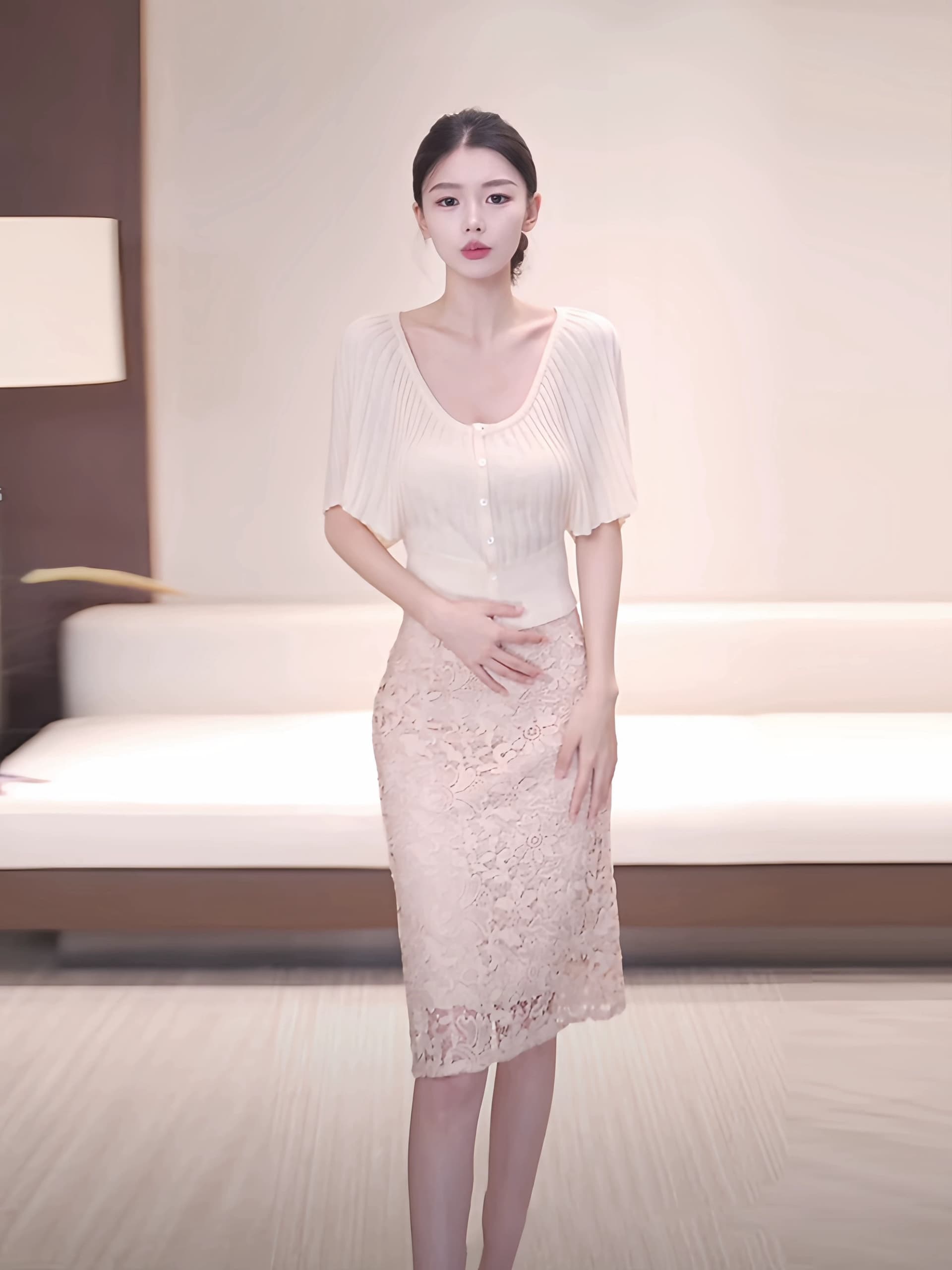 봄날 사역 살구 따뜻한 여가 시리아 장기 Pleat 반팔 맨위 레이스 반신 치마 세트 장기 Pleat 라운드 넥 니트 맨위 이미지 4